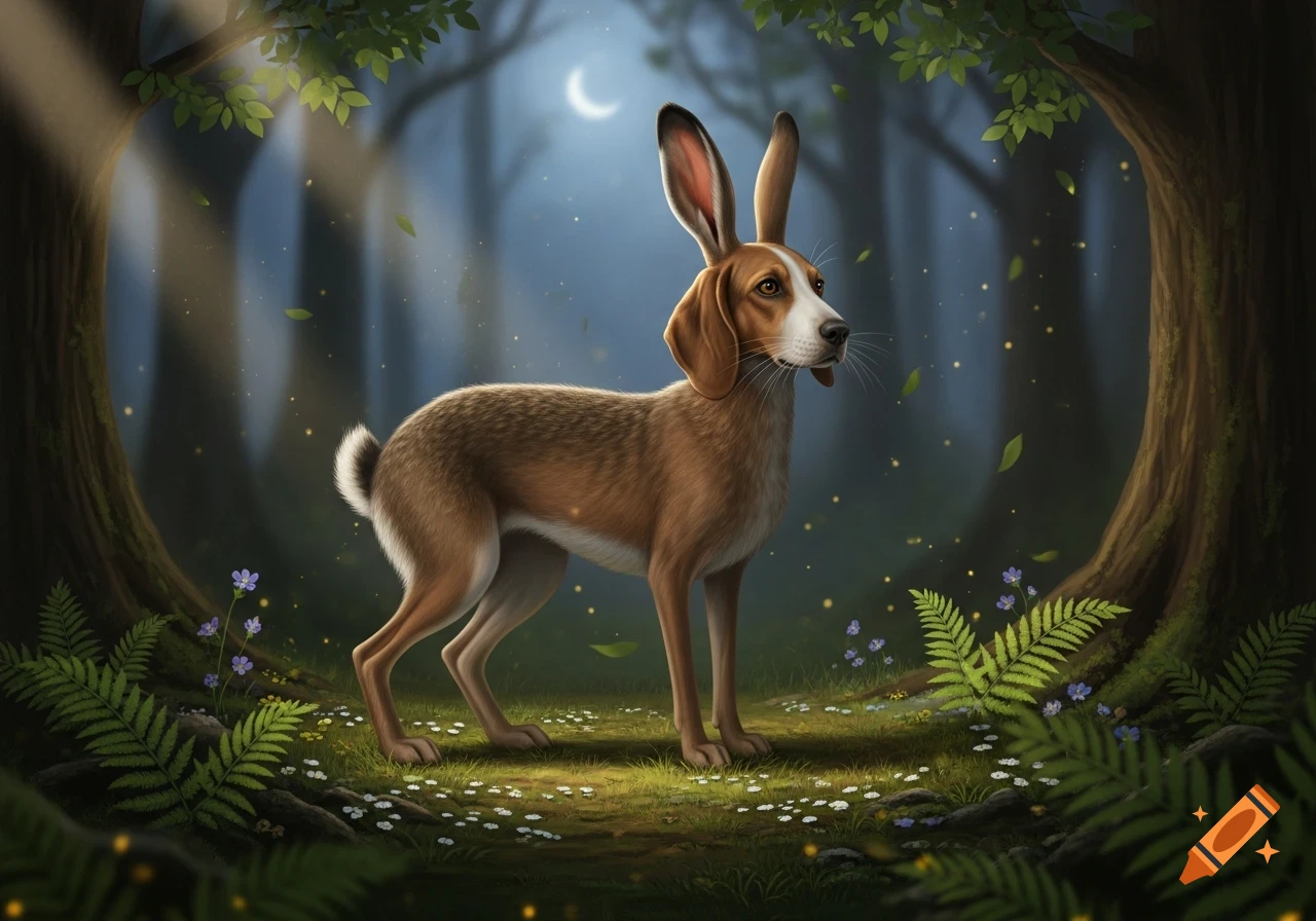 A fantastical dog-hare hybrid creature stands in a moonlit forest clearing, surrounded by ferns, small flowers, and glowing light.