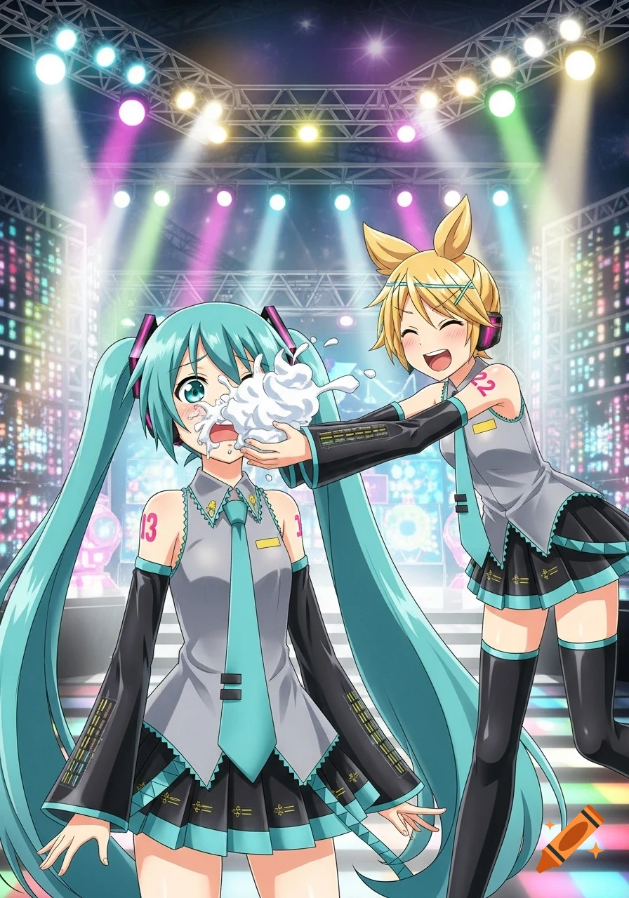 Hatsune Miku, with teal pigtails, gets a whipped cream pie to the face from a laughing Kagamine Rin on a brightly lit stage.