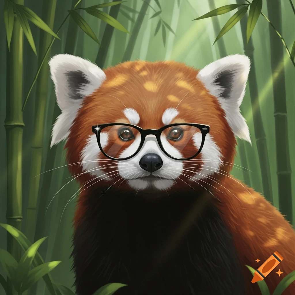 A cute red panda wearing black-rimmed glasses looks forward from a bamboo forest.
