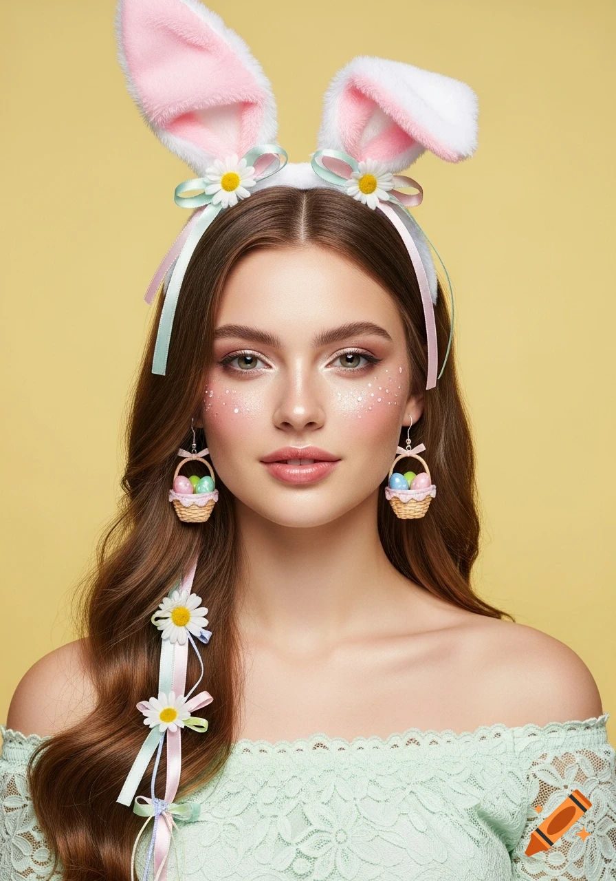 Photorealistic portrait of a young woman with bunny ears, Easter basket earrings, shimmery makeup, and a mint green lace dress against a pastel yellow background.