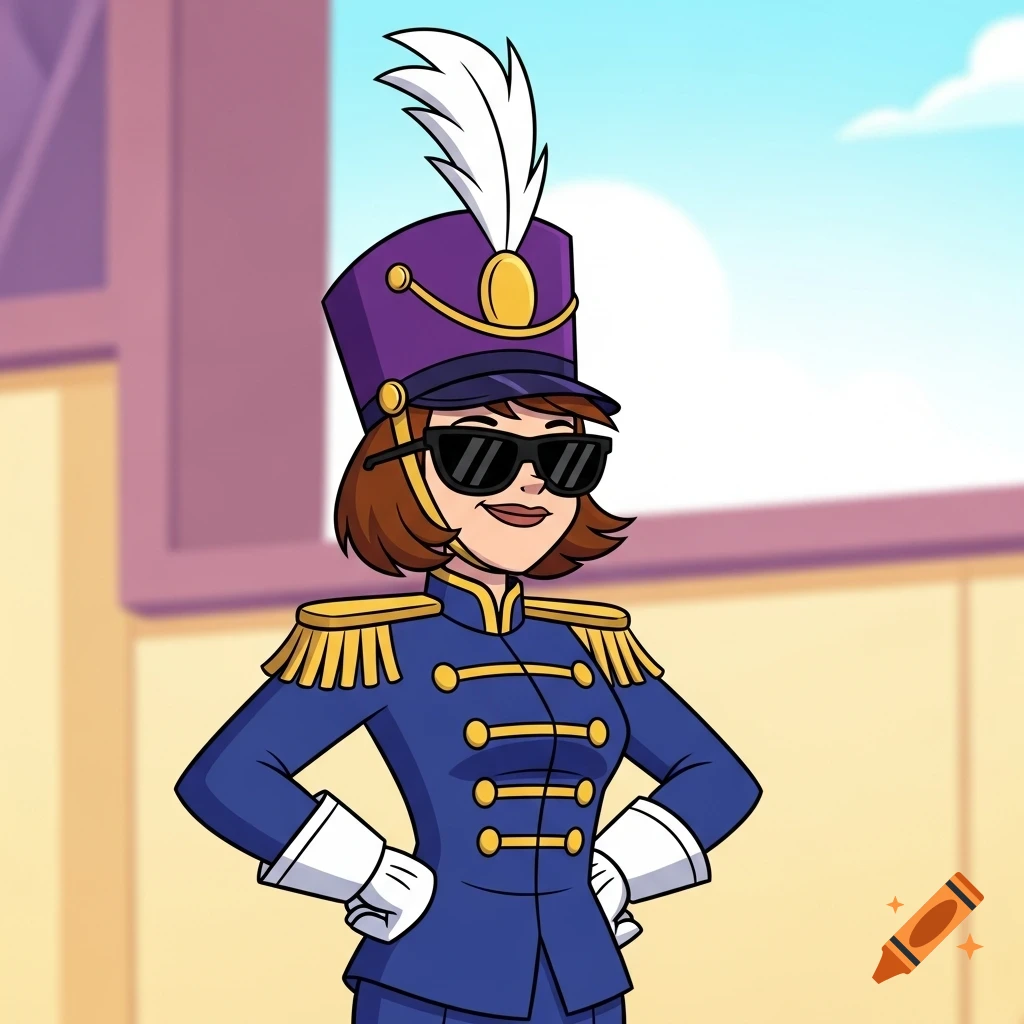 A cartoon woman in a blue marching band uniform with gold trim, a purple shako with a white plume, and black sunglasses, stands with hands on hips.