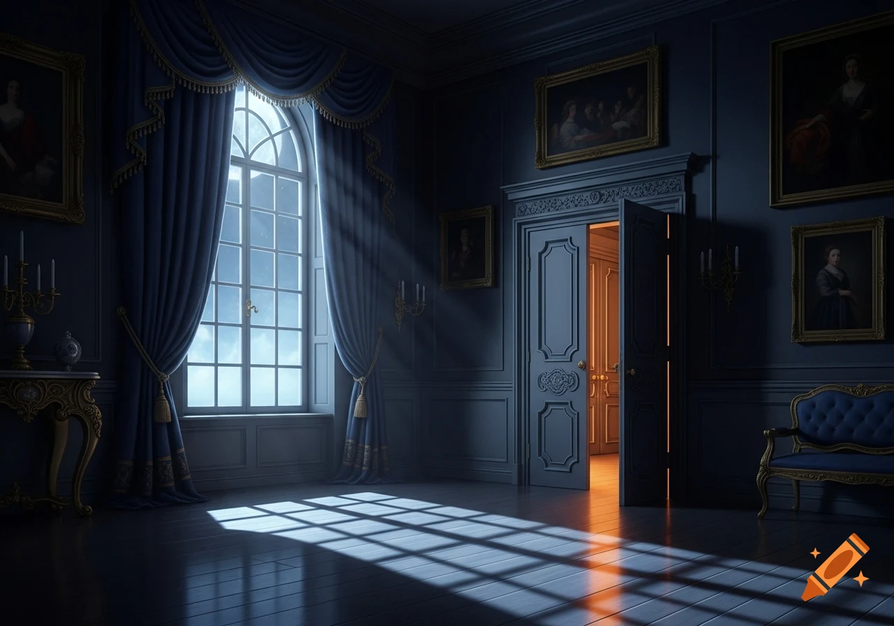 An elegant, dark room with rich blue curtains framing a tall arched window, with moonlight and shadows on the floor. A partially open door glows warmly from an unseen room.
