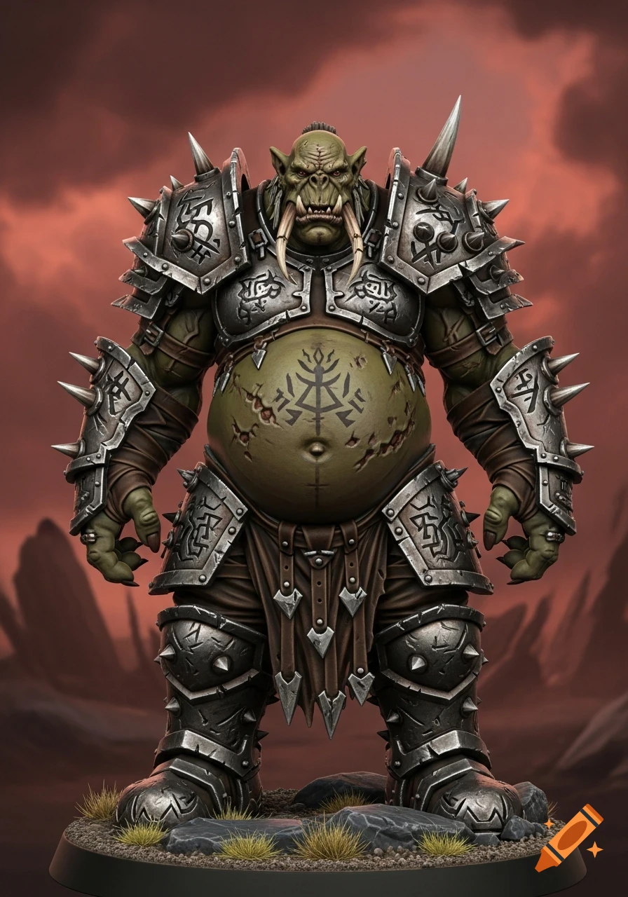 A detailed Warhammer miniature of a muscular, green-skinned orc in spiked silver armor, with tusks and a large belly featuring a tribal symbol, standing on a rocky base against a reddish sky.