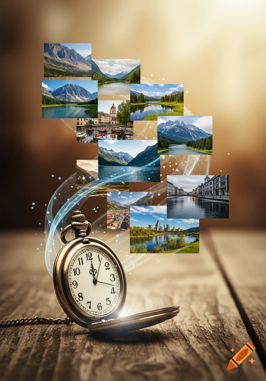 A bronze pocket watch on a wooden table, opening to reveal a collage of diverse nature and city landscapes with glowing light trails.