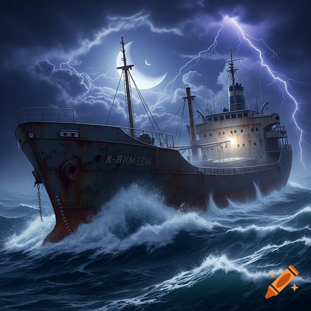 A derelict cargo ship in a stormy ocean under a lightning-filled night sky with a crescent moon.