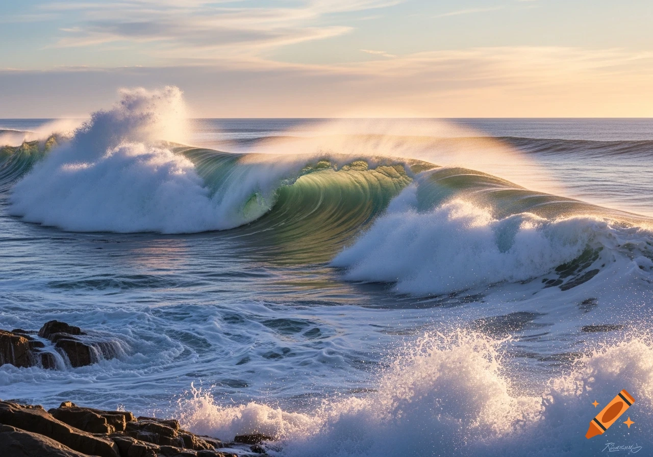 A large, powerful ocean wave with a green barrel curls and crashes against rocky shore under a golden hour sky.