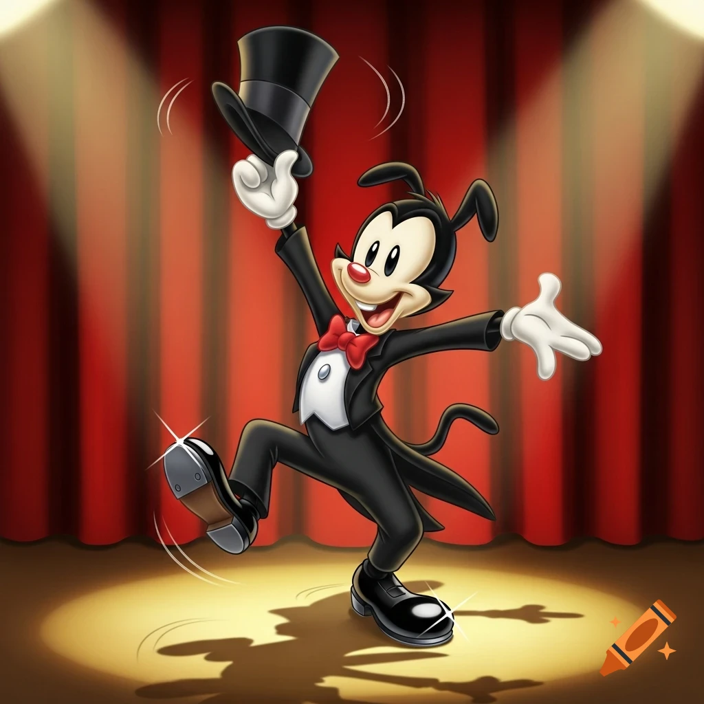 Yakko Warner, dressed in a tuxedo, tap dancing and holding a top hat on a spotlighted stage with red curtains.