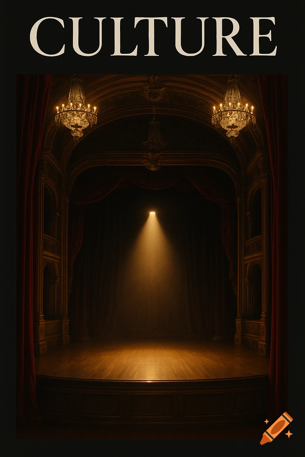 An empty theater stage with red curtains, ornate chandeliers, a single spotlight, and the word CULTURE at the top.