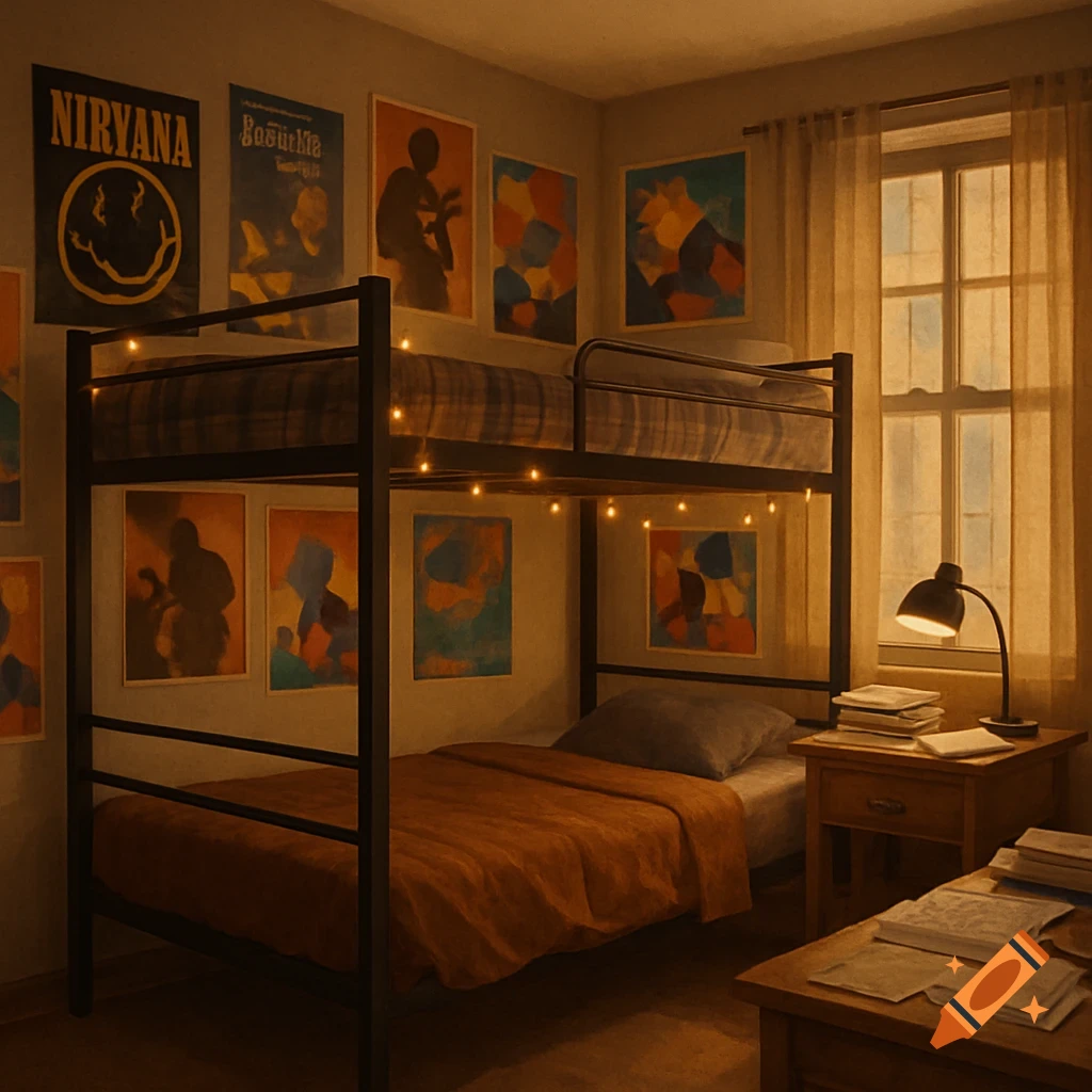 A college dorm room featuring a dark metal bunk bed with string lights, several posters on the wall including one for Nirvana, a nightstand with a lamp and textbooks, and a desk with papers. Warm light streams through a window on the right.