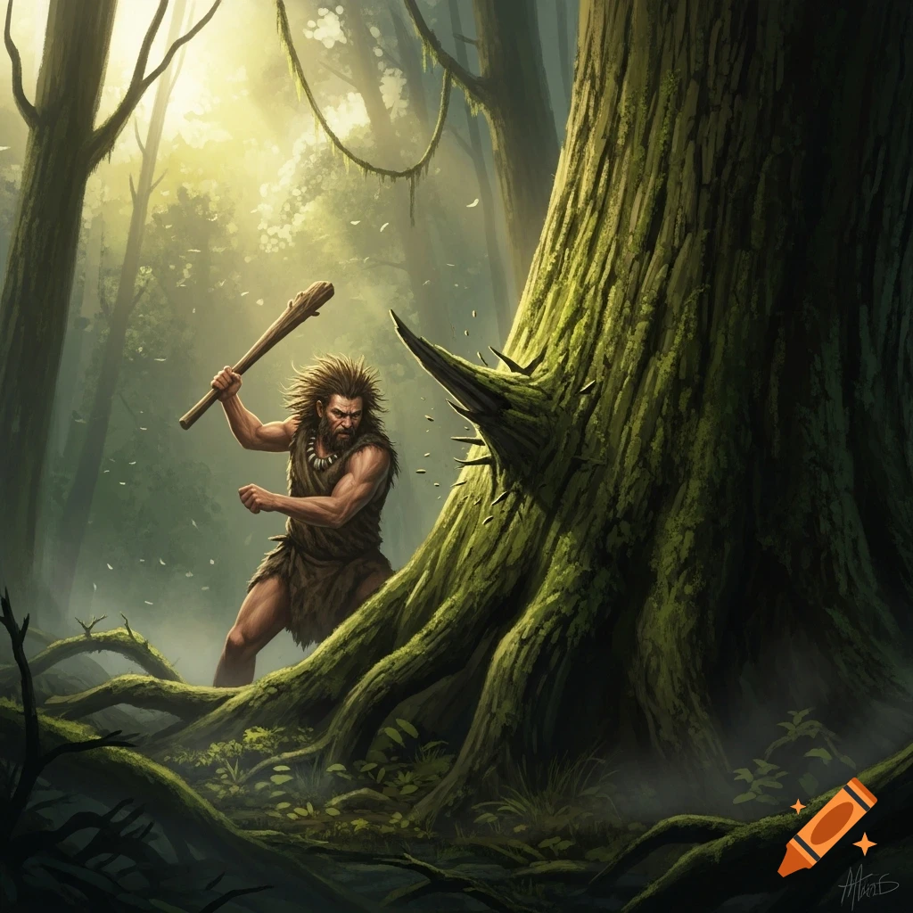 A muscular prehistoric man in animal hides raises a wooden club, ready to strike a large, mossy tree trunk in a sunlit, dense forest.