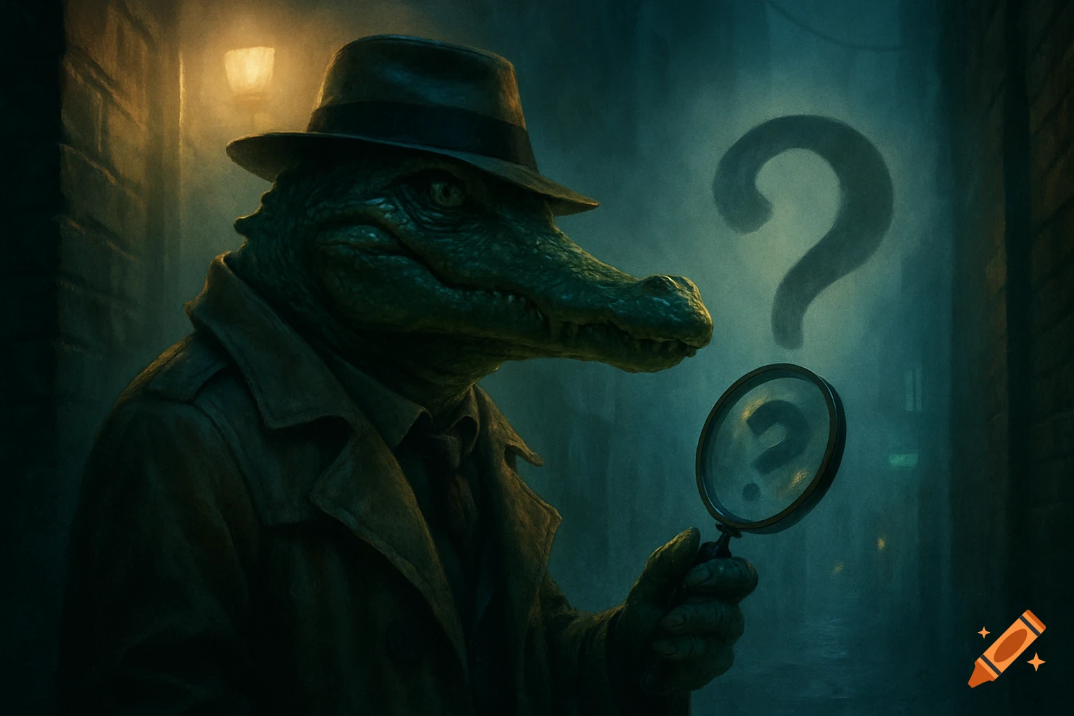 A shadowy alligator detective in a trench coat and fedora holds a magnifying glass, looking at a large question mark in a foggy, dark alley.