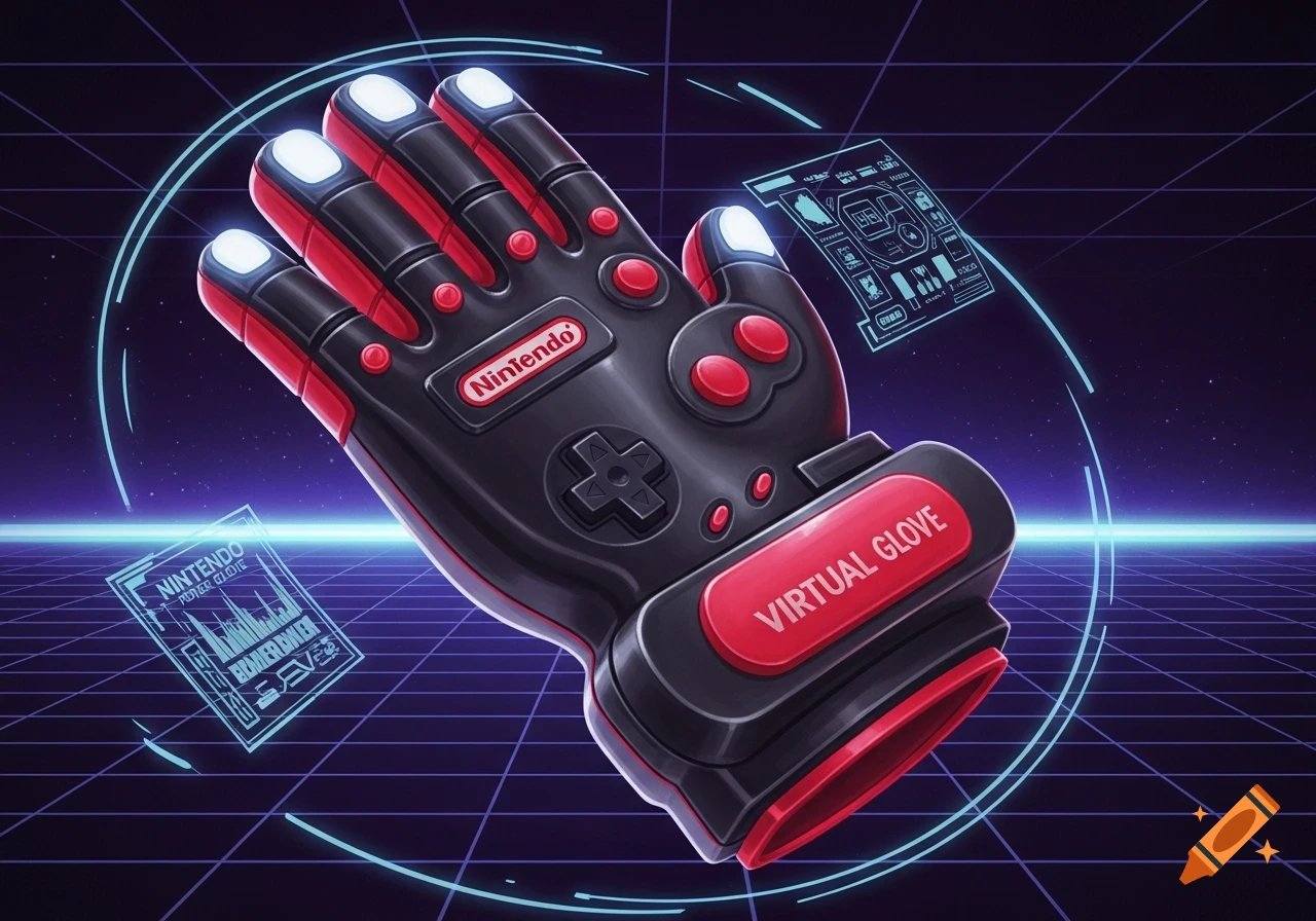 A black and red virtual reality glove with "Nintendo" and "VIRTUAL GLOVE" labels, floating in a retro grid-lined space with holographic displays.