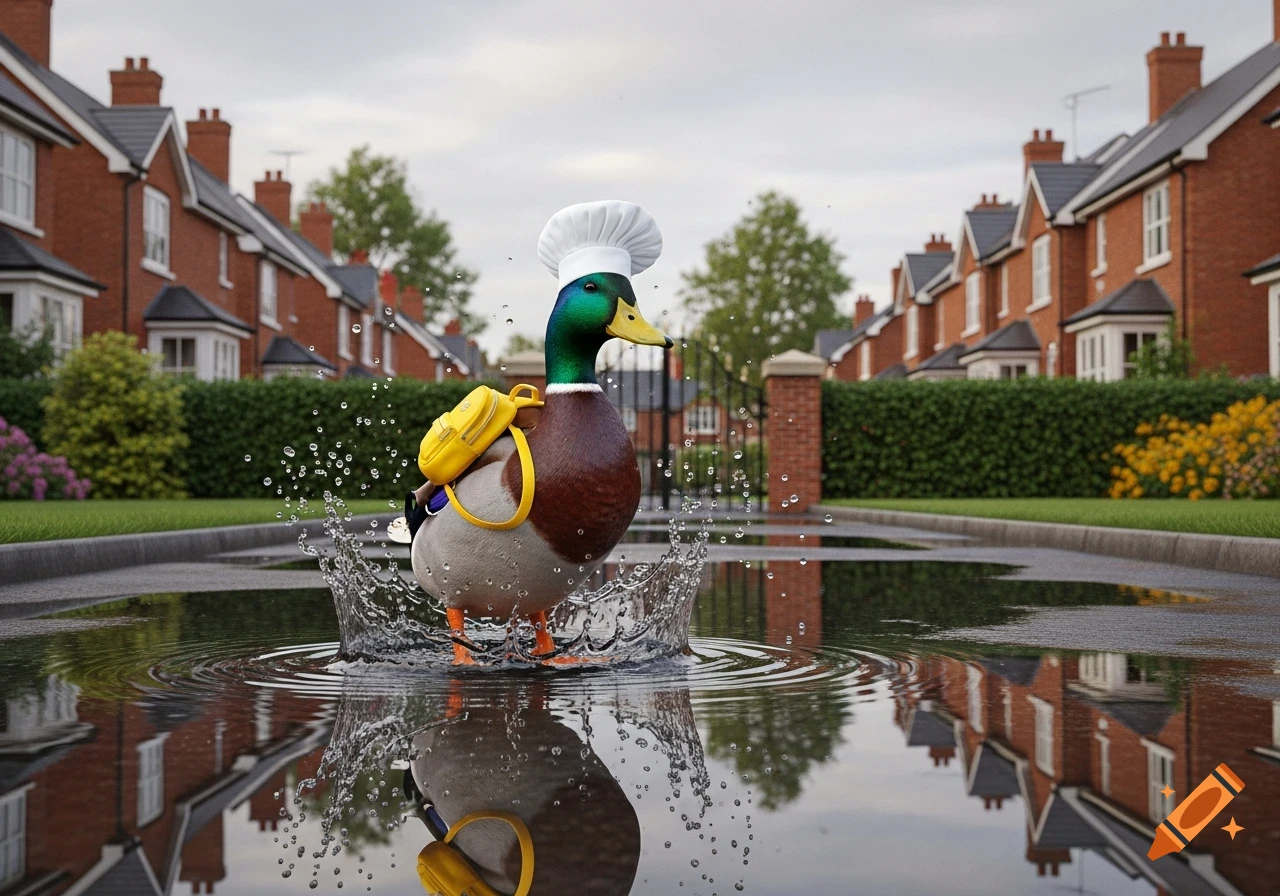 A photorealistic mallard duck wearing a chef's toque and yellow backpack splashes in a puddle on a British suburban street.