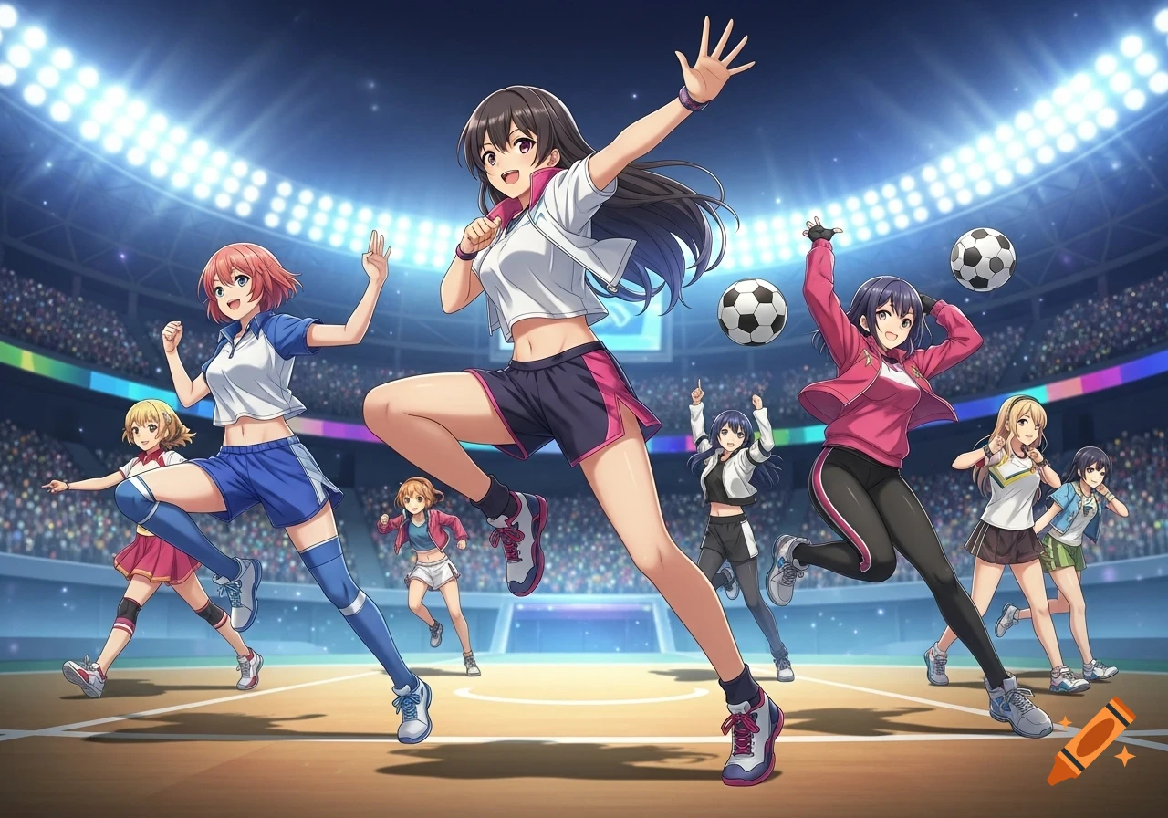 Anime girls playing soccer in a brightly lit stadium, some running and jumping in athletic wear.