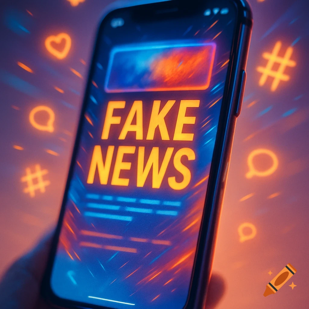 A hand holds a glowing smartphone displaying 'FAKE NEWS' text, surrounded by social media icons like hashtags and hearts.