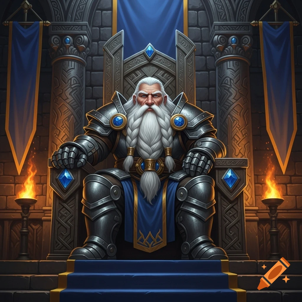 A majestic dwarf king with a long white braided beard and silver armor sits on an elaborate stone throne in a grand hall with blue banners.