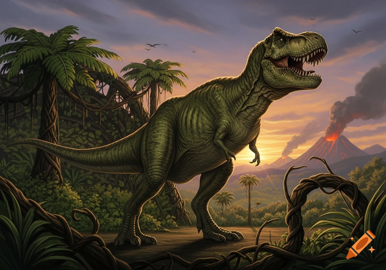 A large green Tyrannosaurus Rex roars in a lush prehistoric jungle with erupting volcanoes and a colorful sunset.