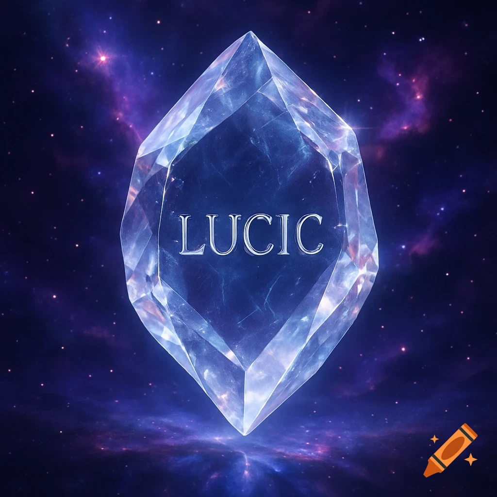 A glowing, faceted crystal with the word "LUCIC" inscribed on it, set against a vibrant purple and blue starry nebula background.