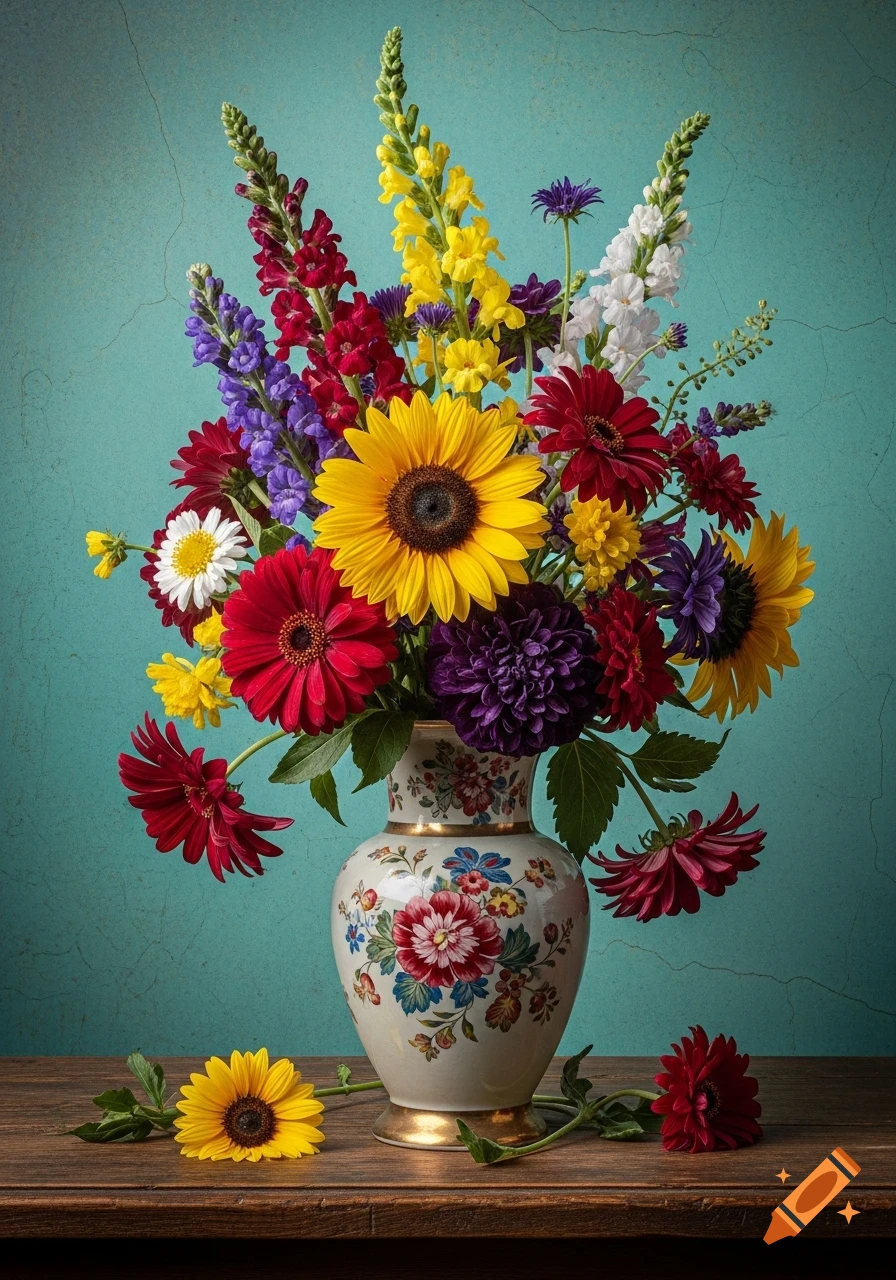 Vibrant floral still life painting with sunflowers and mixed flowers in ...