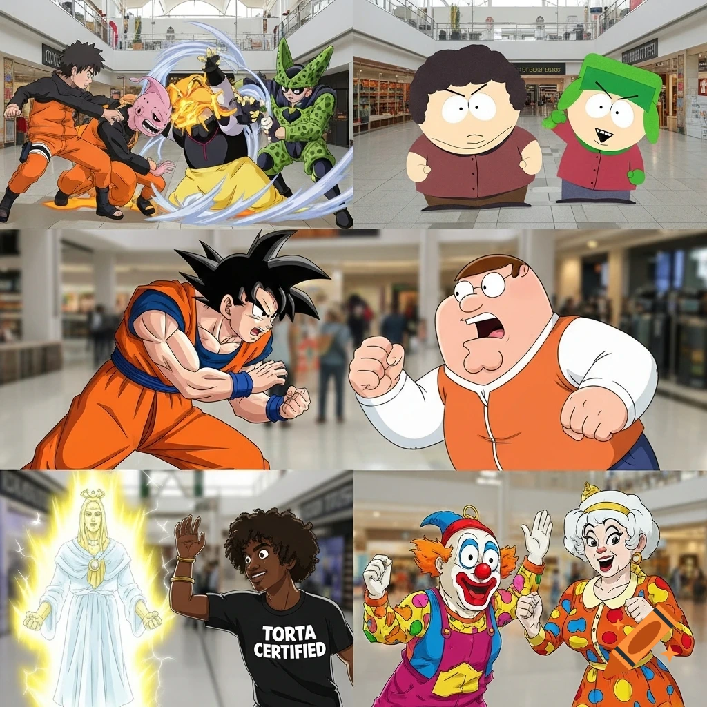 A six-panel collage with various cartoon and anime characters in a mall: Naruto, Kid Buu, and Cell fight; Stan and Kyle from South Park stand; Goku and Peter Griffin face off; a glowing figure and a person in a "TORTA CERTIFIED" shirt; a clown and an elderly woman dance.