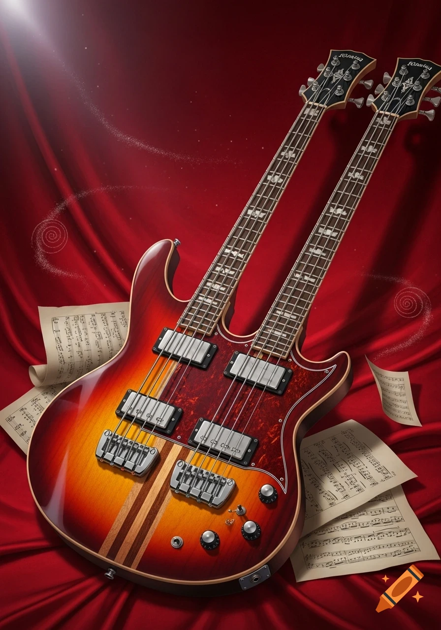 A rich wooden doubleneck bass guitar with two necks and pickups, resting on red satin fabric with scattered sheet music and sparkling light effects.