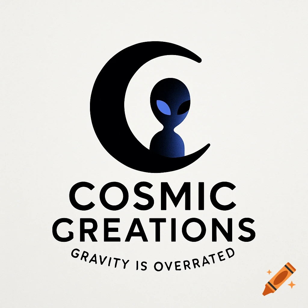 A minimalist logo with a black crescent moon and a dark blue alien with glowing eyes, over text reading "COSMIC CREATIONS" and "GRAVITY IS OVERRATED".