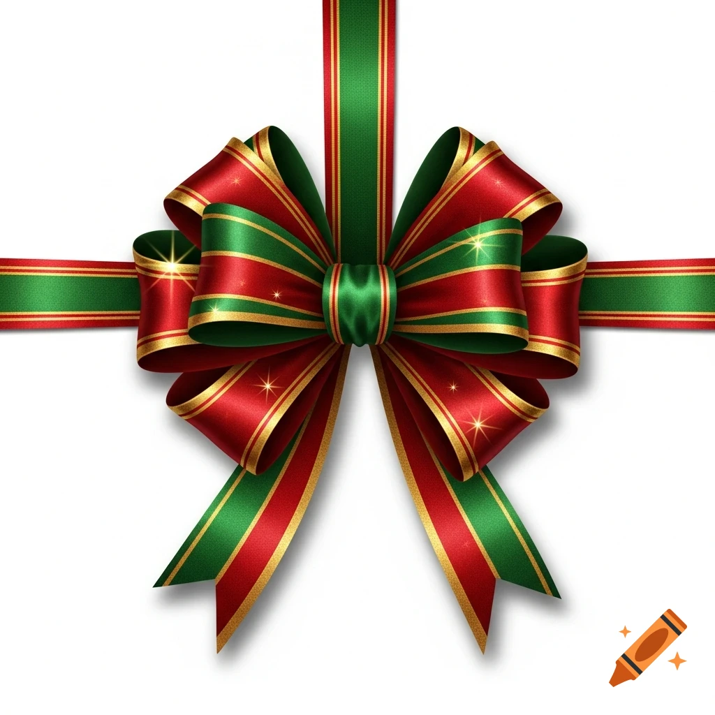 A vibrant red and green Christmas bow with gold trim and glitter accents, tied with matching ribbons on a white background.