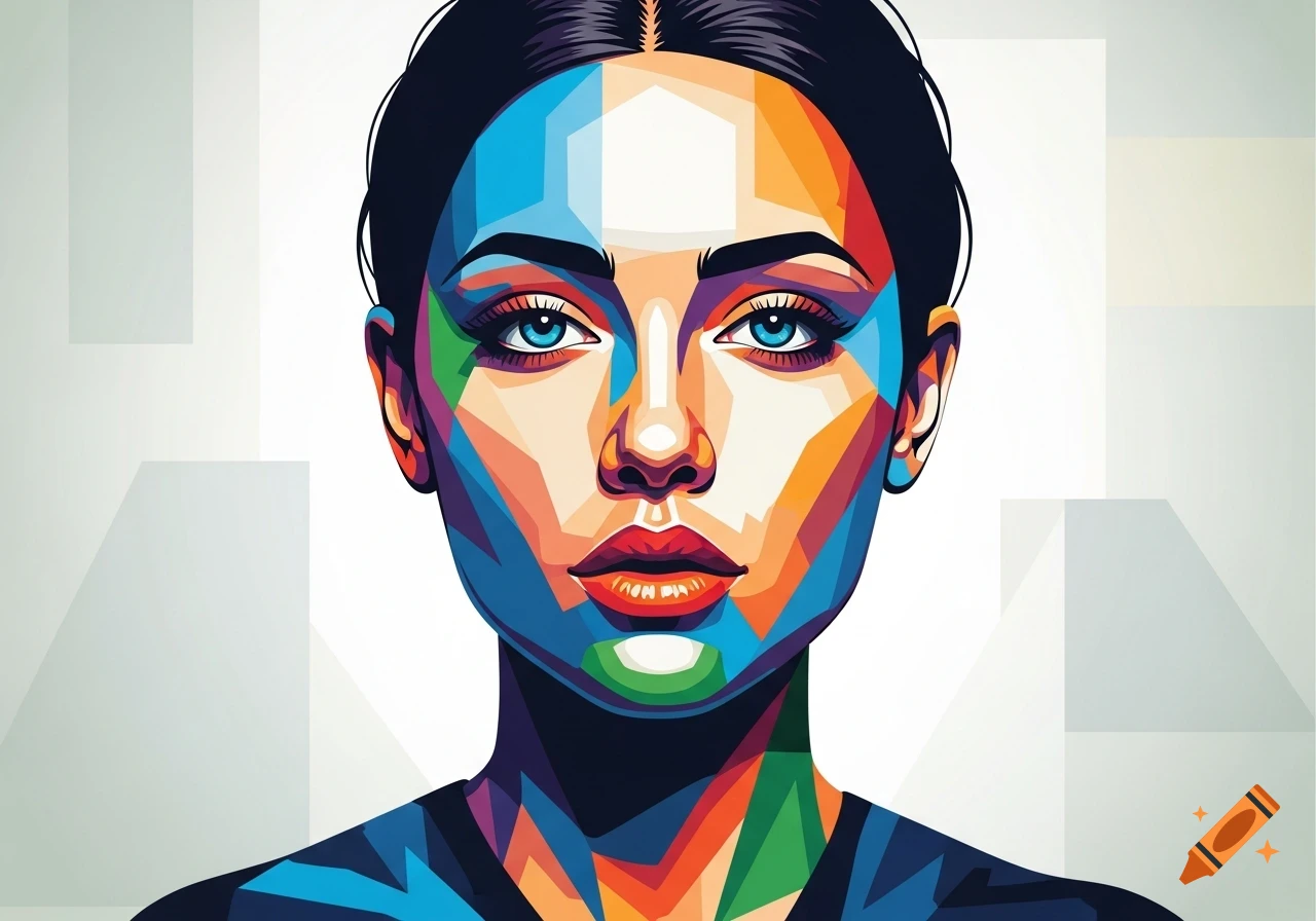 Vibrant cubist portrait of a woman's face with bright blue eyes and geometric colorful segments.