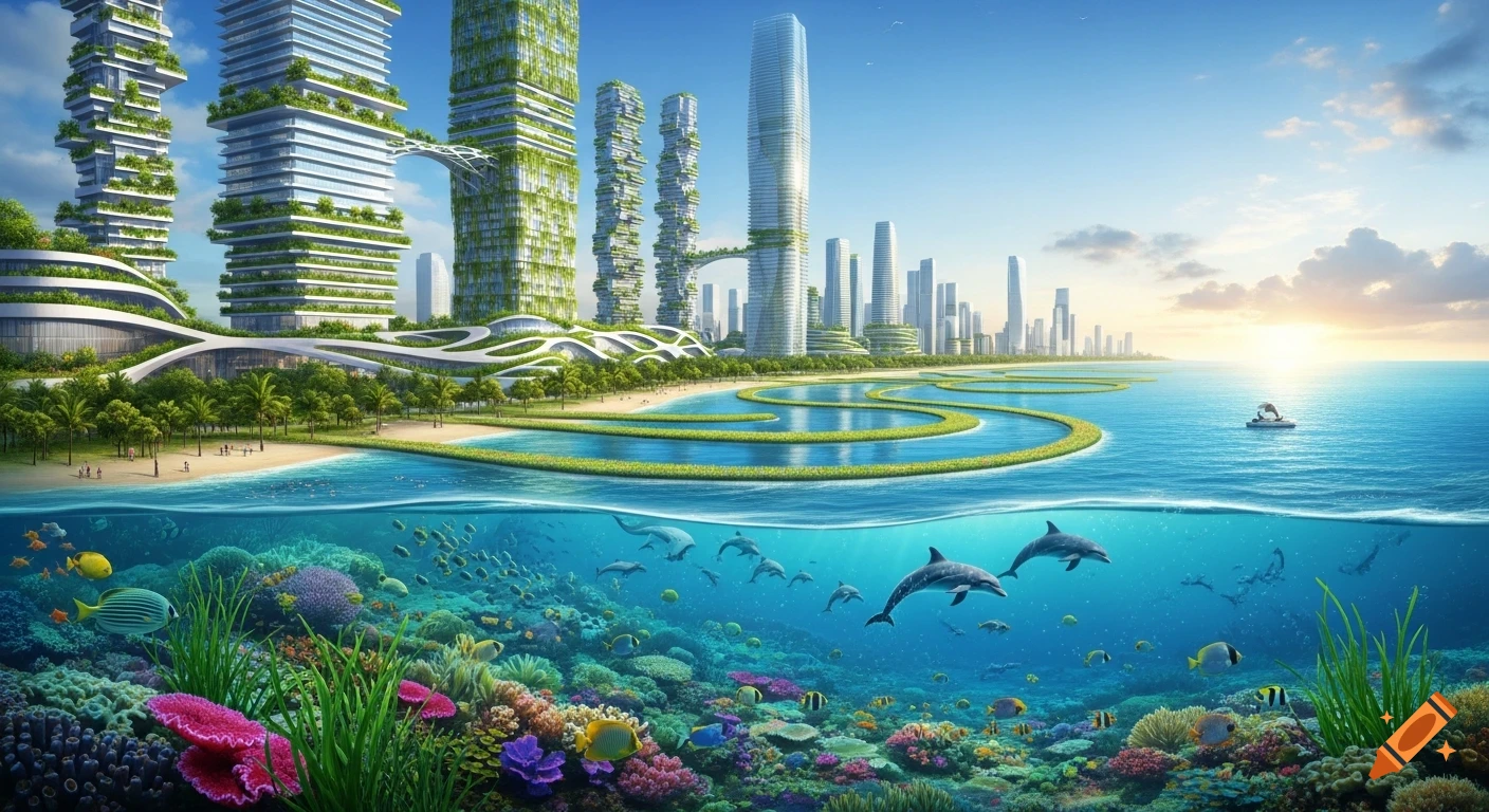 Split view of a futuristic coastal city with green, nature-inclusive buildings and beach above, and a vibrant coral reef with dolphins and fish underwater.