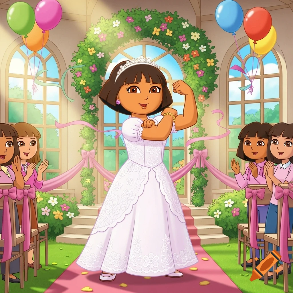 Cartoon Dora the Explorer in a wedding dress flexes her bicep under a floral arch, surrounded by other characters clapping.