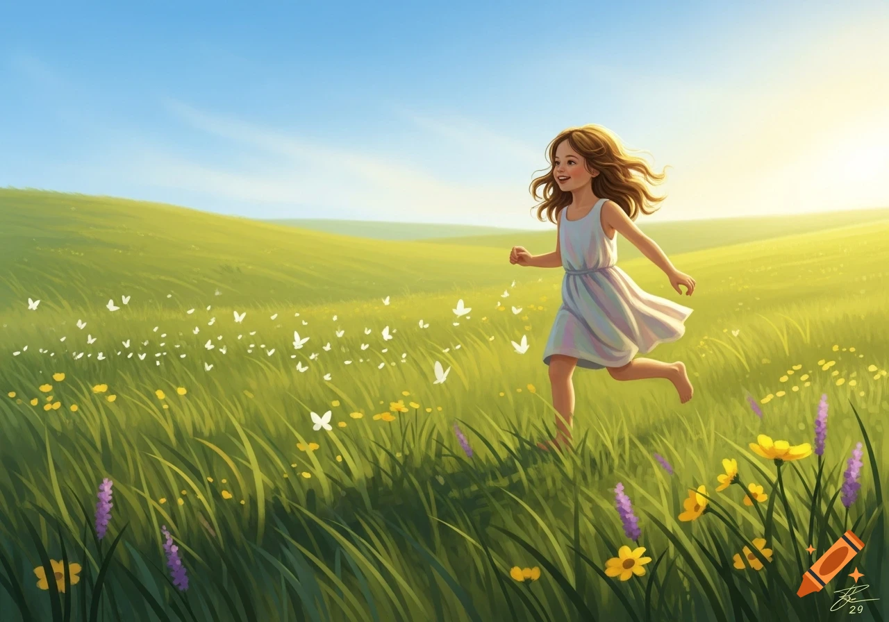 A young girl with long brown hair runs barefoot through a sunny green ...