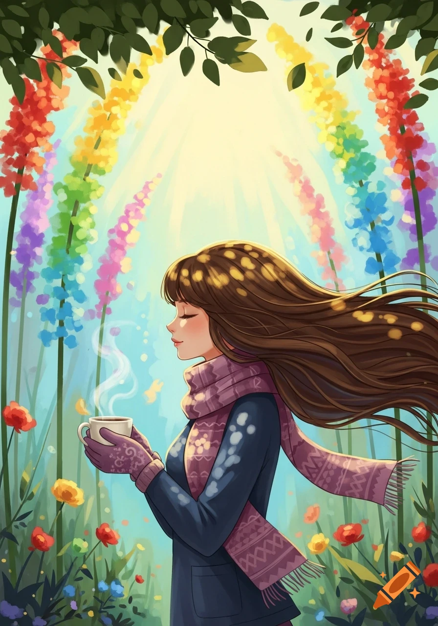 Dreamy digital illustration of a girl with long brown hair, wearing a scarf and gloves, holding a cup of tea in a vibrant garden with rainbow flowers and sunlight.