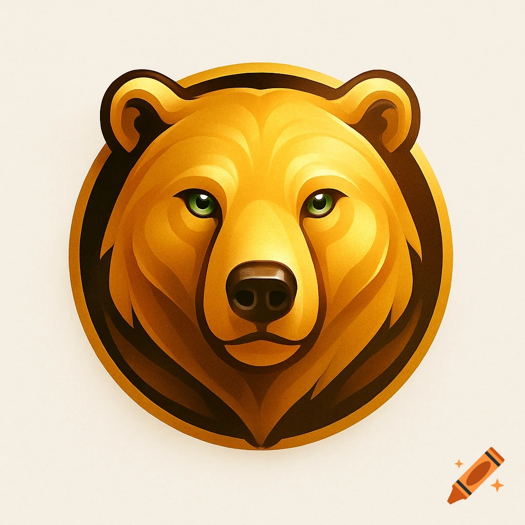 A stylized golden bear head with bright green eyes, depicted as a sleek, metallic-looking logo within a circular outline.
