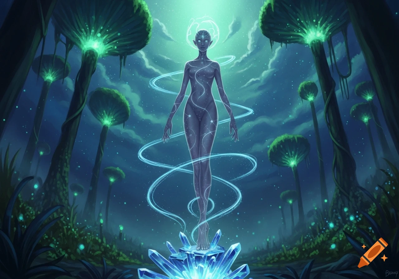 Ethereal alien figure on glowing crystals in a bioluminescent forest, surrounded by swirling blue light.