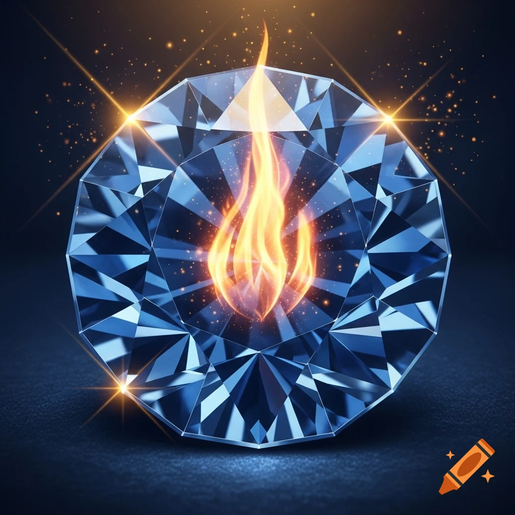 A faceted blue sapphire with a golden flame burning within, surrounded by shimmering sparks.