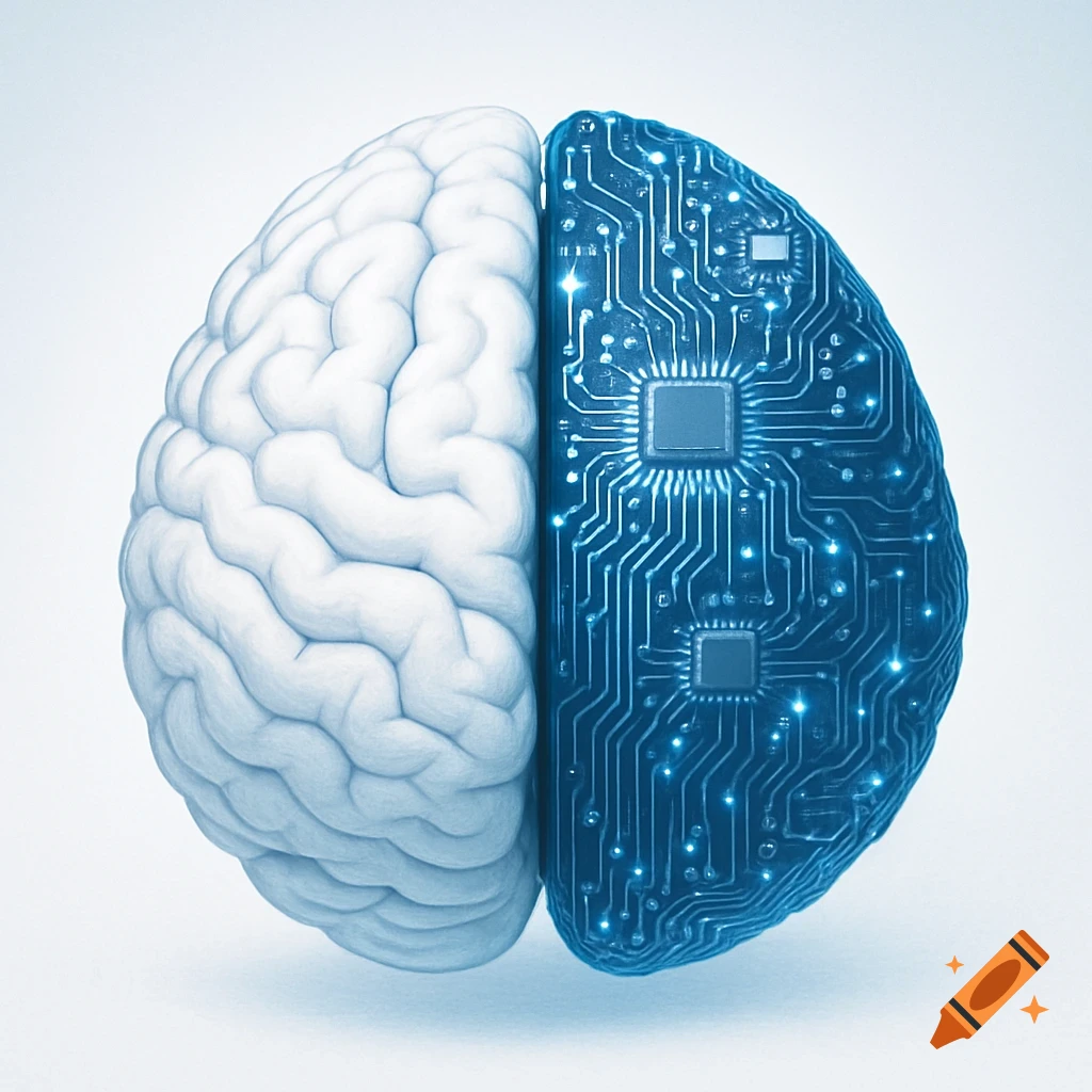 A human brain split down the middle, with a white biological left half and a glowing blue circuit board right half.