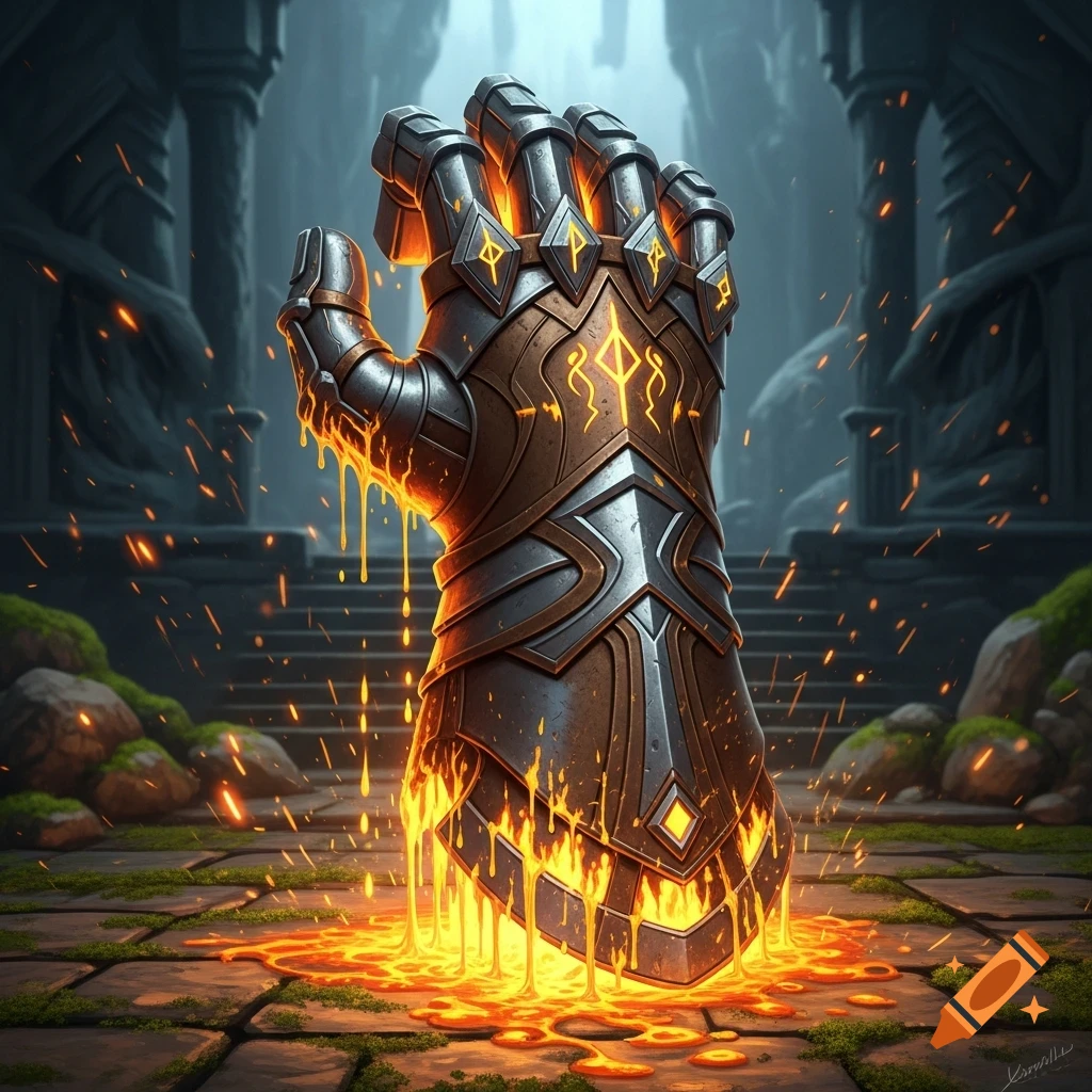 A melting armored gauntlet in a dark, ruined temple, dripping molten metal onto stone ground with glowing embers.