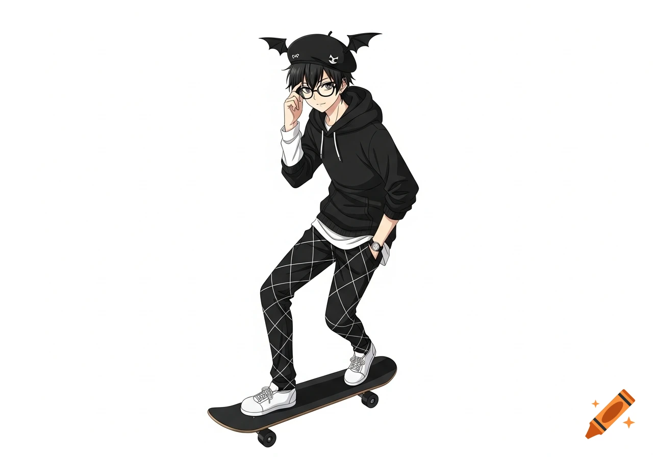 Anime boy in black hoodie and bat-wing beret, wearing glasses and patterned pants, standing on a skateboard.