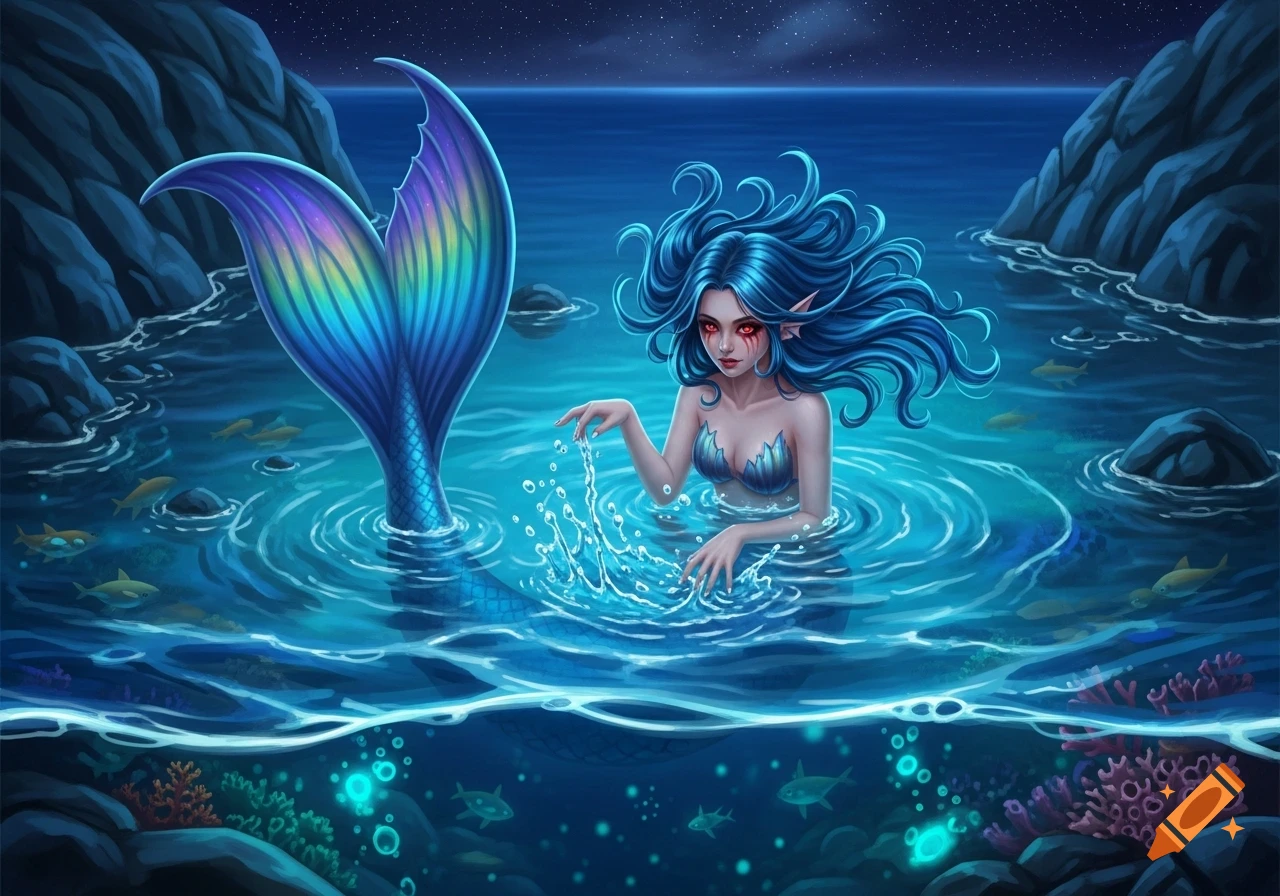 Digital art of a blue-haired mermaid with a rainbow tail in a night ocean, splashing water.