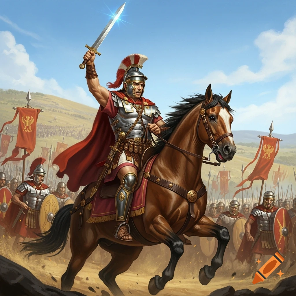 A Roman general on a rearing brown horse, holding a glowing sword aloft, surrounded by his legionaries on a battlefield.