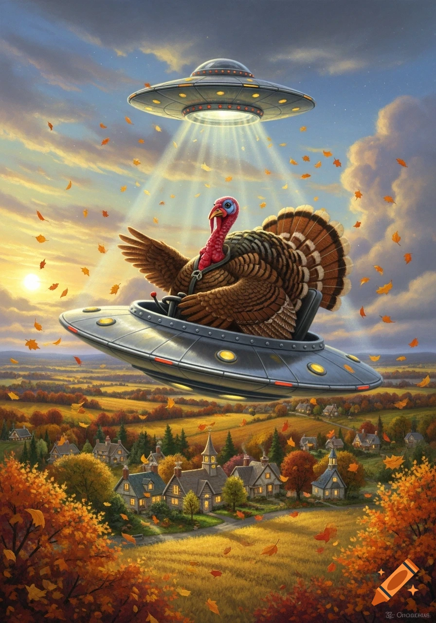 A Thanksgiving turkey pilots a UFO over an autumn village, with another UFO above, in a painterly style.