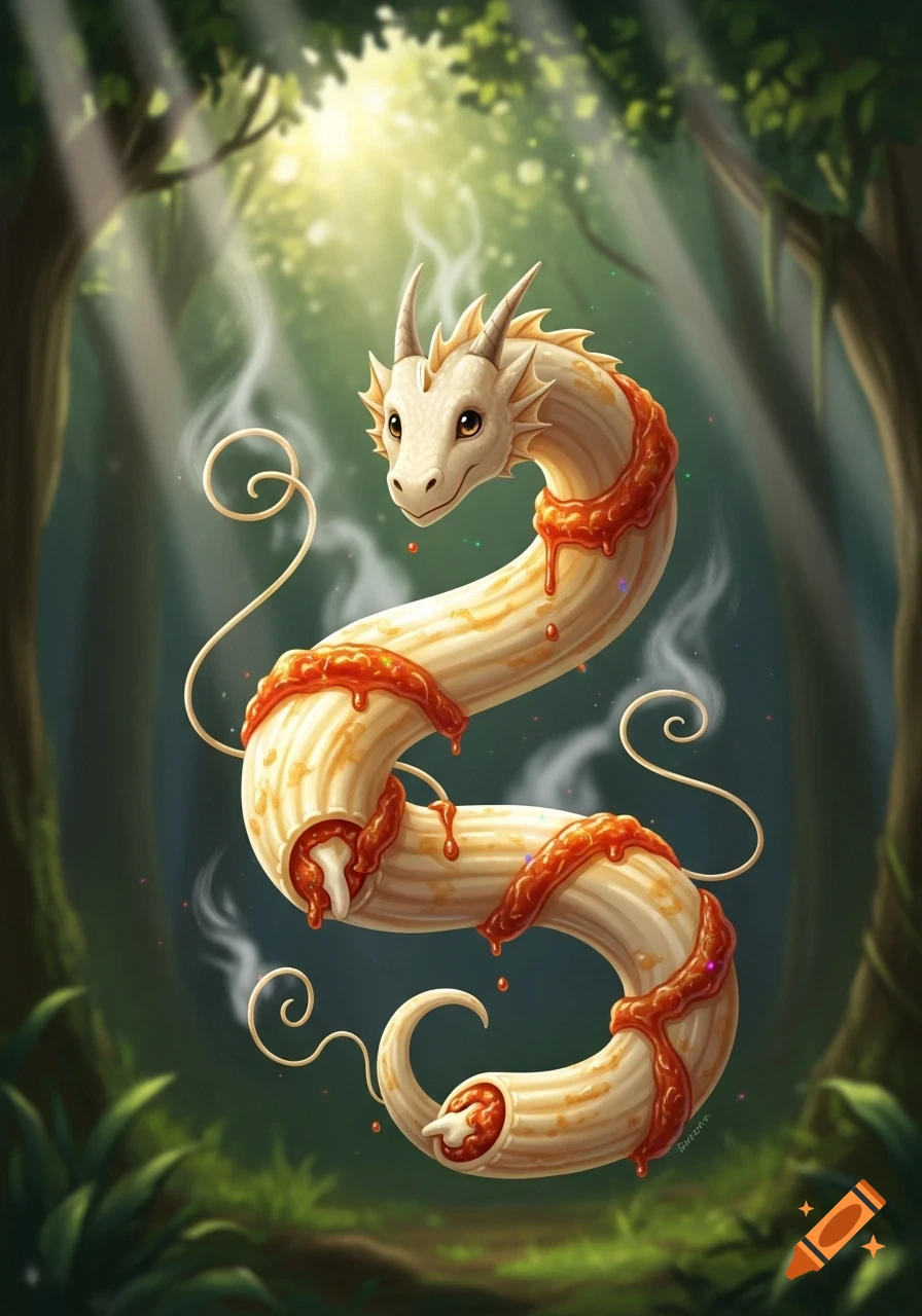 A stylized illustration of a cute cannelloni pasta dragon covered in red sauce and cheese, steaming in a sunlit forest.