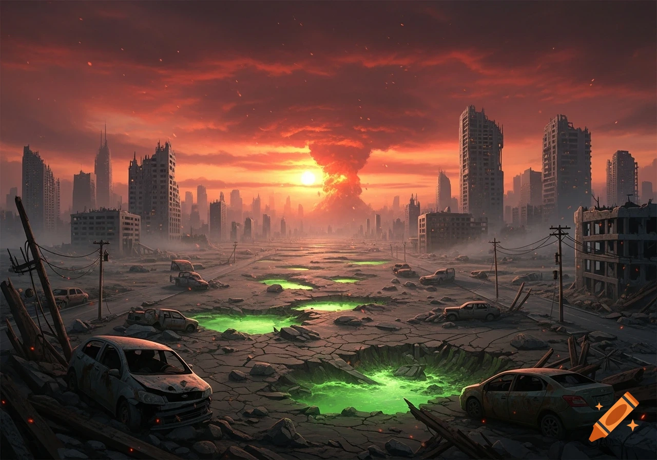 A post-apocalyptic cityscape under a fiery red sky, with a mushroom cloud, ruined buildings, abandoned cars, and glowing green puddles.