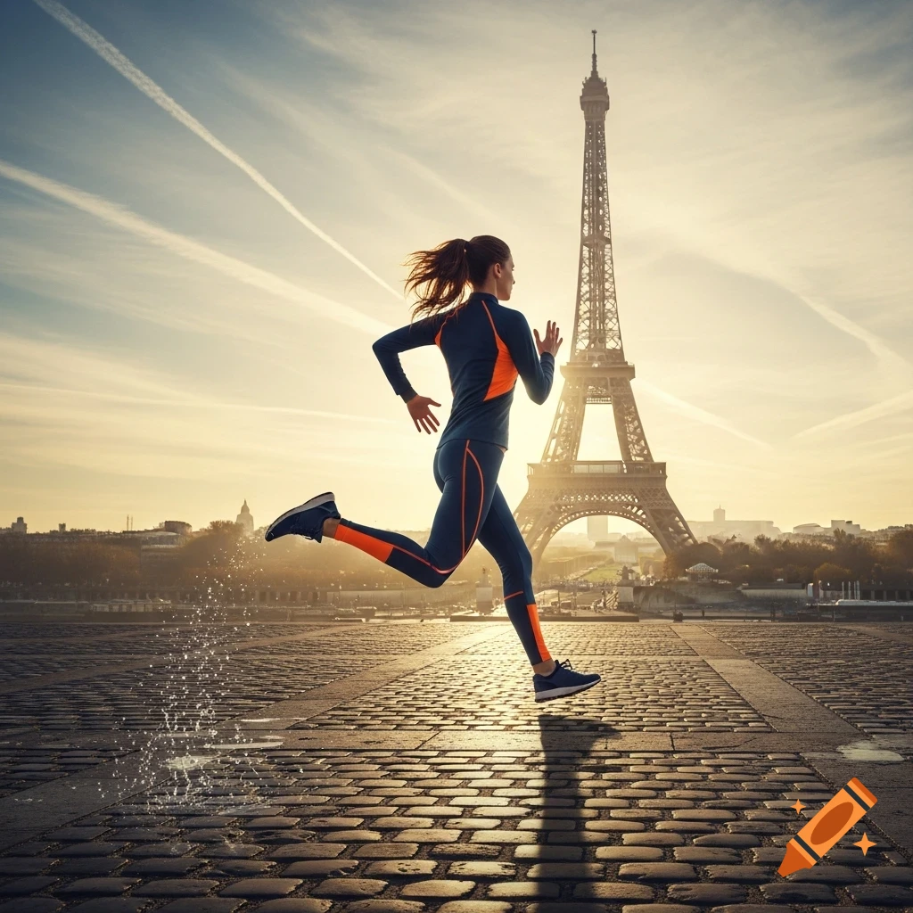 A woman in athletic wear runs on a cobbled street with the Eiffel Tower in the background at sunrise.