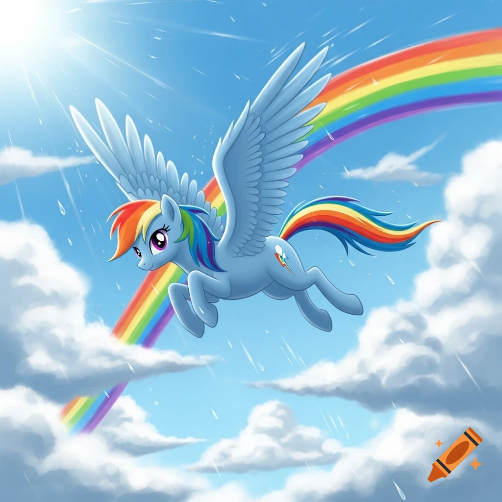 Rainbow Dash, a blue winged pony with a rainbow mane and tail, flies through a sunny blue sky with clouds and a vibrant rainbow.
