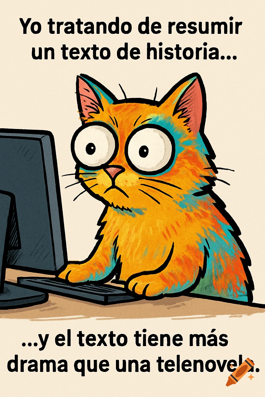 A cartoon cat with wide, exaggerated eyes stares intently at a computer keyboard, with Spanish meme text about summarizing history.