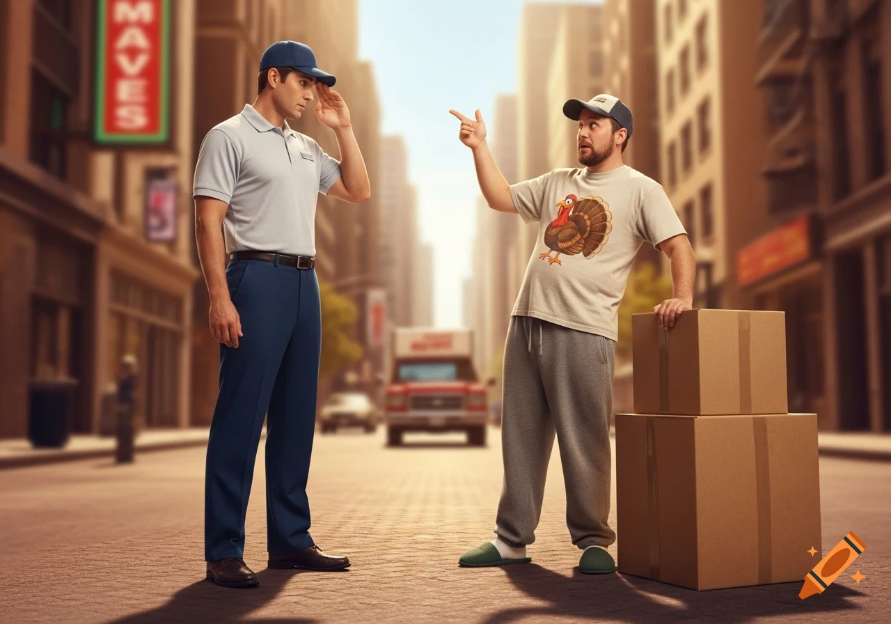 A uniformed mover looks confused at a casually dressed man with a turkey shirt, pointing and leaning on boxes on a city street. Photorealistic.