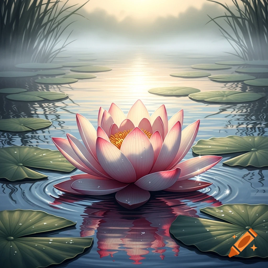 A vibrant pink lotus flower floats serenely on misty water amidst lily pads, reflecting sunlight.