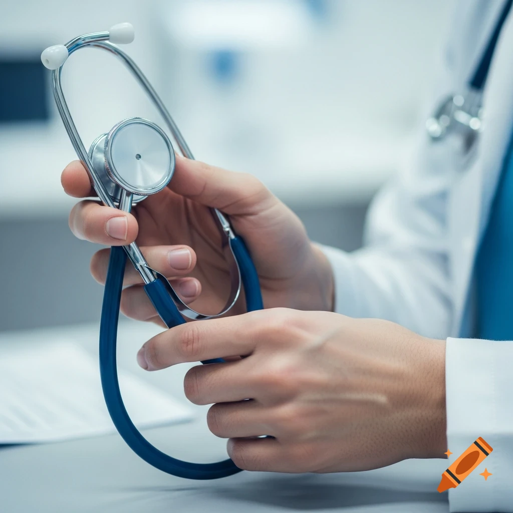 Close-up of a doctor's hands in a white lab coat holding a blue and silver stethoscope.