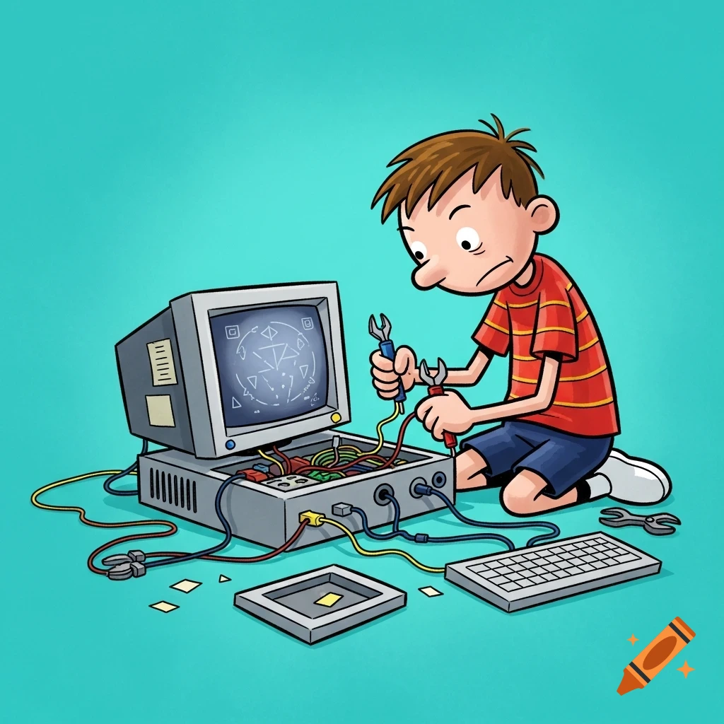 A cartoon boy with a worried expression kneels, holding wrenches, attempting to fix an open desktop computer with many wires and components. The background is turquoise.